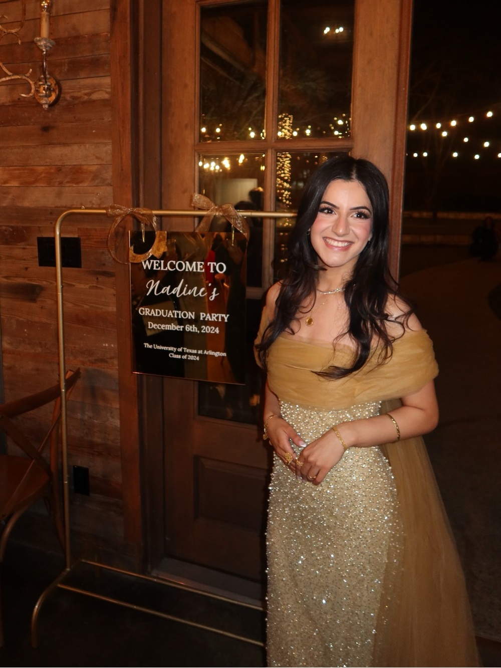 Custom Gold Beaded Evening Gown with Sheer Shawl